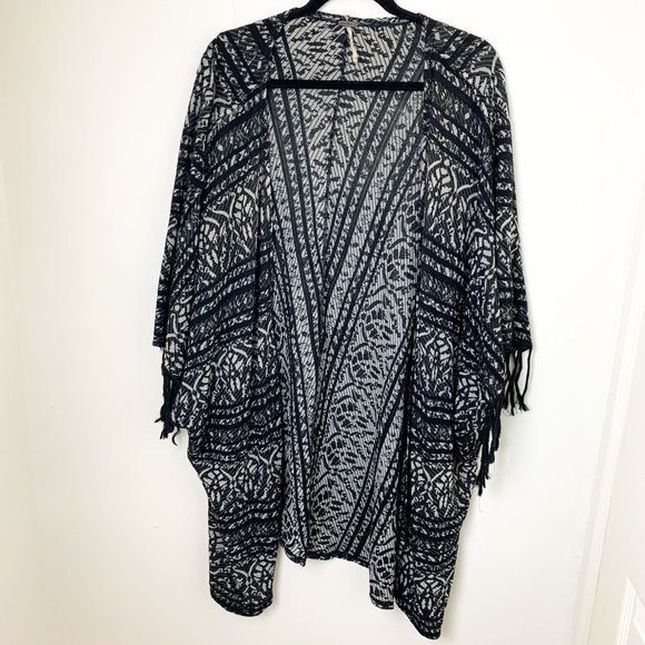 Free People black white tapestry open fringe cardigan XS - Picture 1 of 5